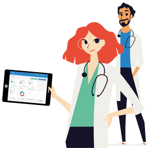 Julien médecin généraliste et aurélie médecin spécialiste qui tiennent une tablette via laquelle ils utilisent stellair intégral